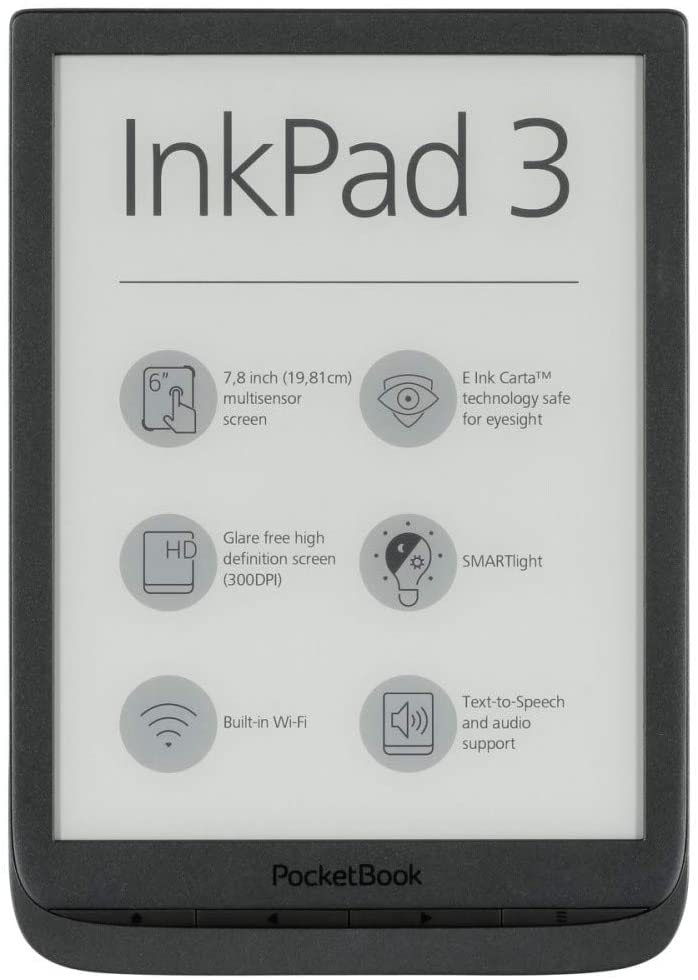 8 GB de Memoria; 19,8 cm Pantalla de E Ink Carta; SmartLIGHT; Wi-Fi 7,8 Pulgadas in Black PocketBook Lector de eBook Inkpad 3 